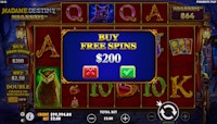 Madame Destiny Megaways screen showing $200 free spins.