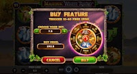 Free spins wheel in Majestic White Rhino slot showing price and spin range from 10 to 40.