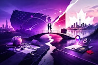 Conceptual purple and magenta illustration showing a couple standing on a bridge between stylized U.S. and Canadian landscapes, symbolizing cross-border dating, stability, and relocation.