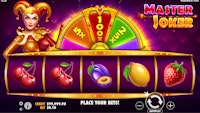 Master Joker slot game with fruit symbols and a vibrant 100x multiplier wheel.