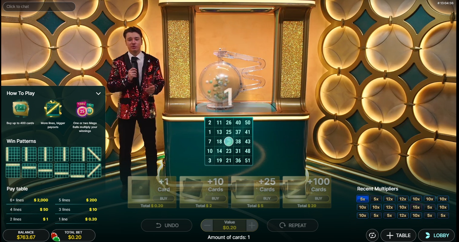 Live Mega Ball game with presenter, draw machine, and ticket. Live Mega Ball game with presenter, draw machine, and ticket.