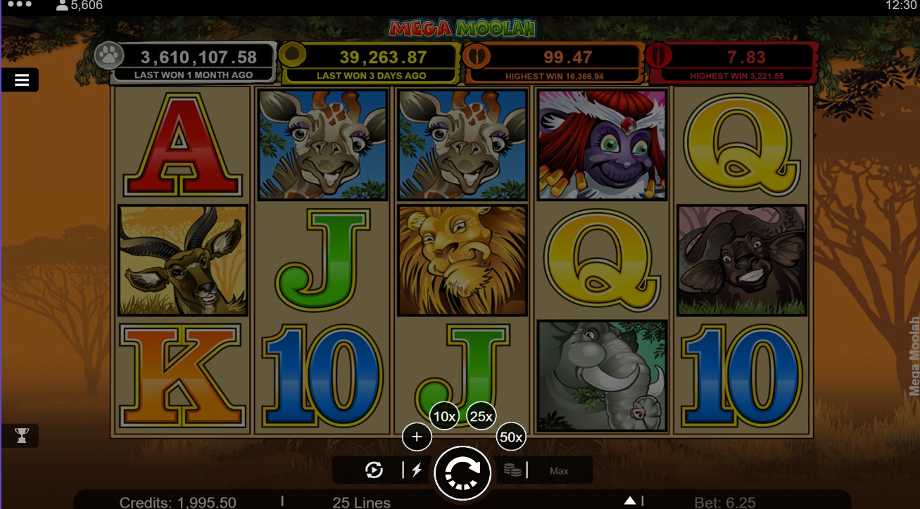 Mega Moolah game screen with giraffes, lions, and jackpot meters showing recent win. Mega Moolah game screen with giraffes, lions, and jackpot meters showing recent win.