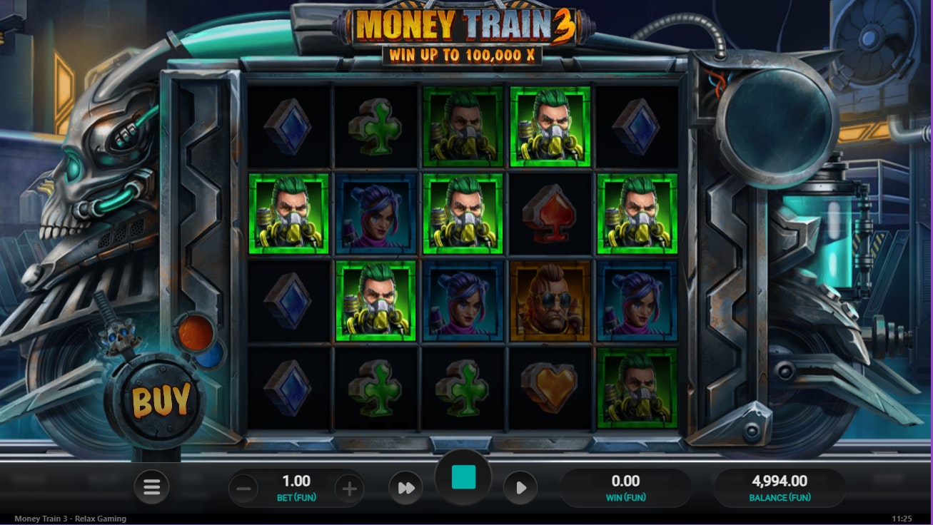 Money Train 3 online slot reels showing green symbol cluster. Money Train 3 online slot reels showing green symbol cluster.