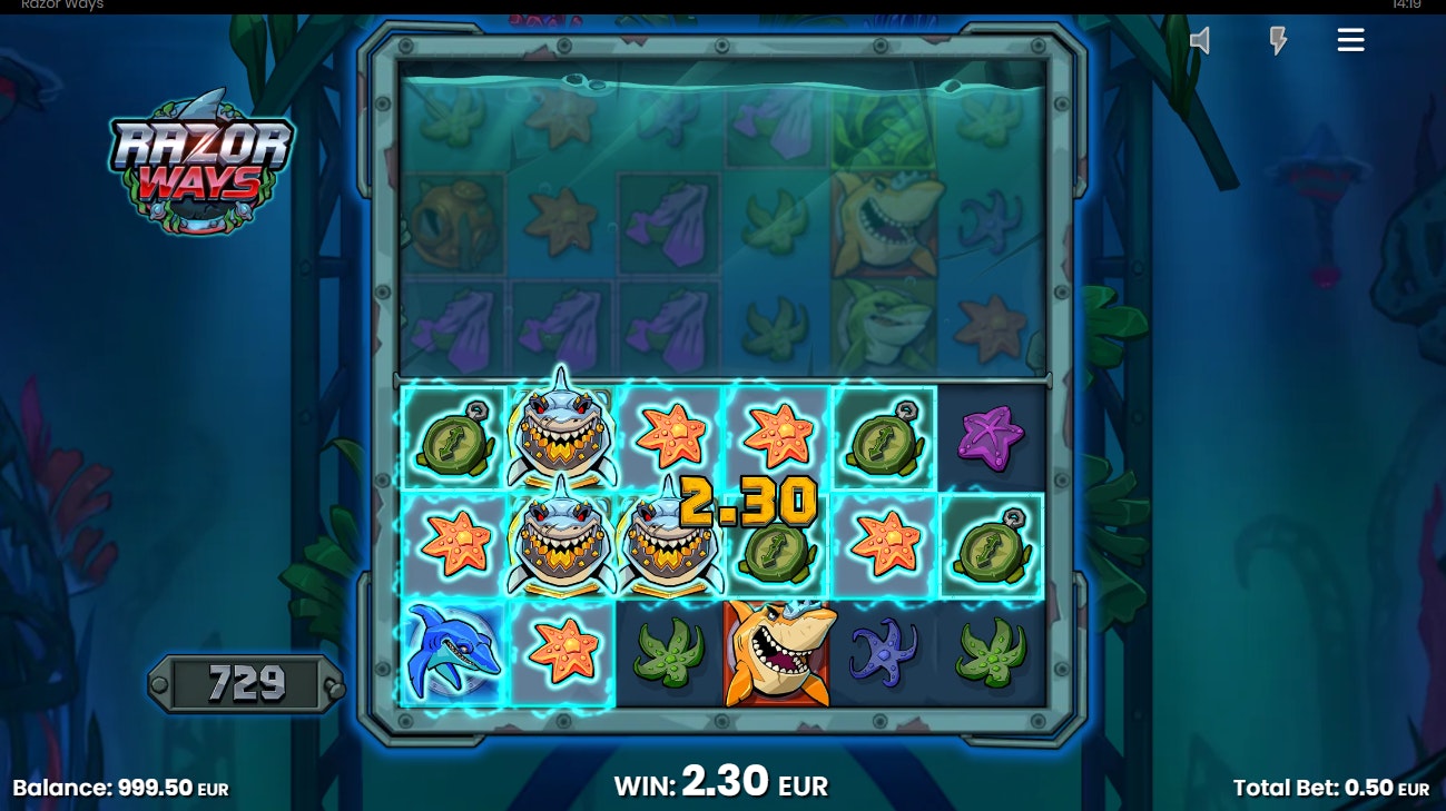 Razor Ways slot win of €2.30 with sharks, starfish, and diving symbols active. Razor Ways slot win of €2.30 with sharks, starfish, and diving symbols active.