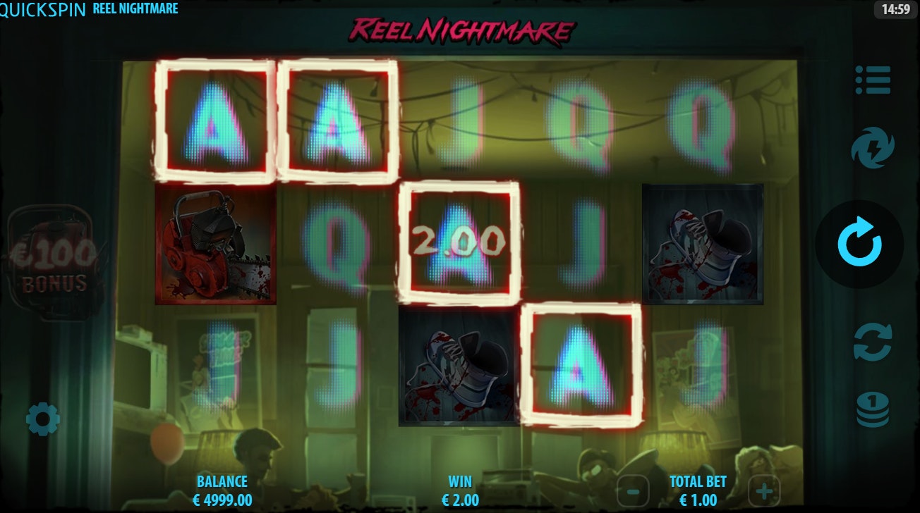 Reel Nightmare slot showing €2 win with A symbols on a €1.00 bet. Reel Nightmare slot showing €2 win with A symbols on a €1.00 bet.
