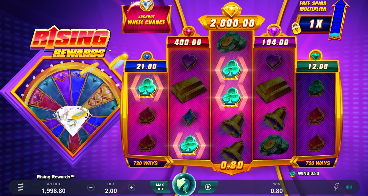 Rising Rewards small win with big jackpot prize on reel 3. Rising Rewards small win with big jackpot prize on reel 3.