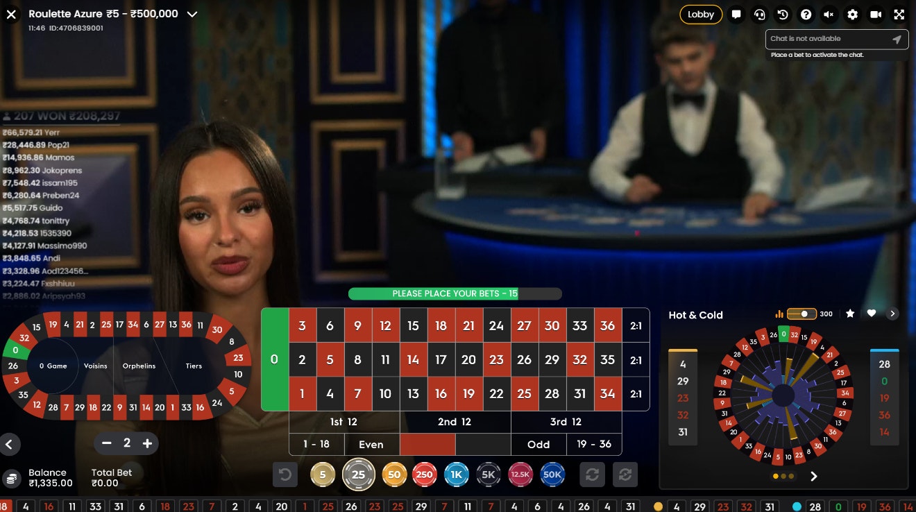 Live Roulette Azure interface showing bet panel, numbers, and winning streaks. Live Roulette Azure interface showing bet panel, numbers, and winning streaks.