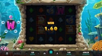 Shark Wash slot game win screen showing a €1.60 payout with underwater shark characters.