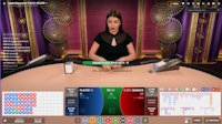 Speed Baccarat 13 live casino UI with dealer, bet options, roadmaps, and chip selector