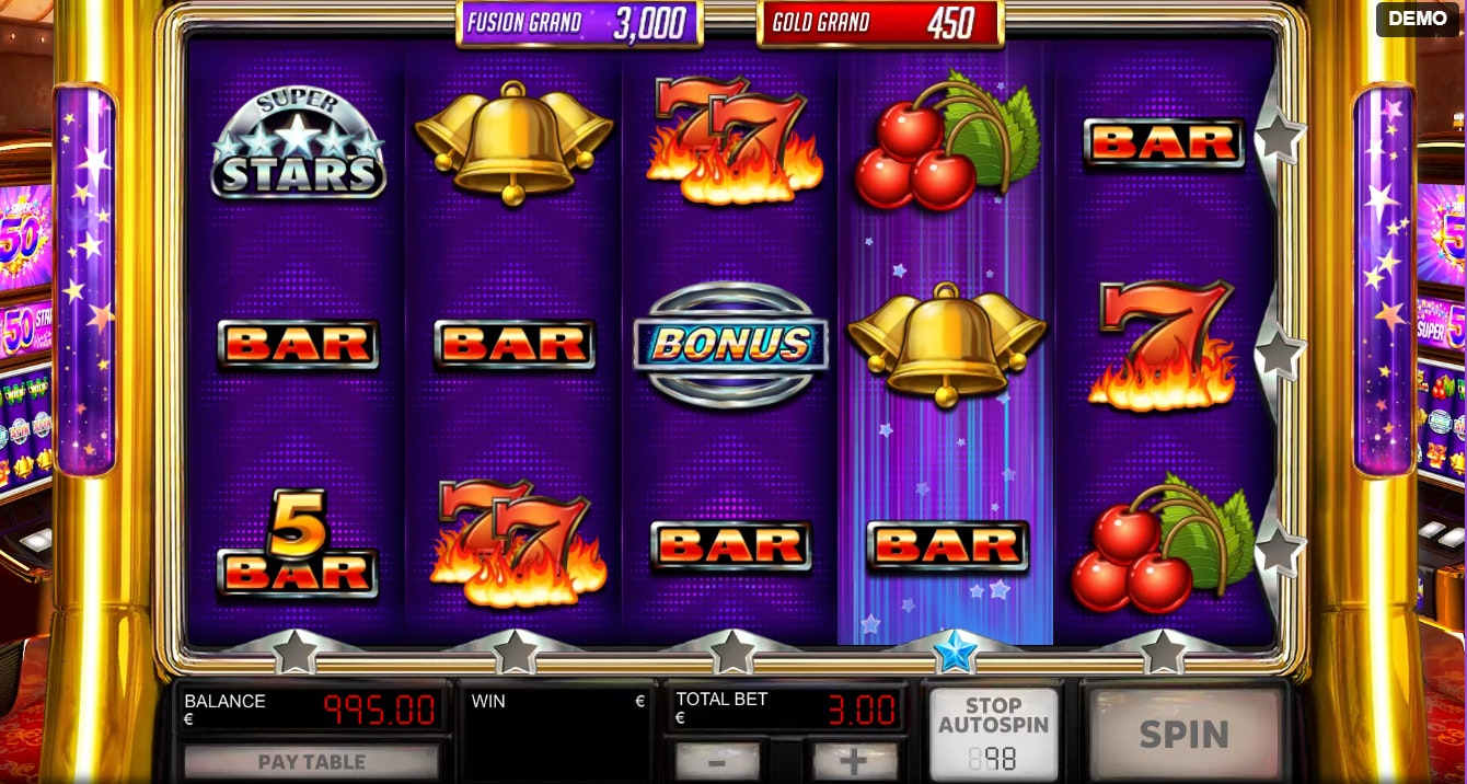 Super 50 Stars slot game with bonus symbol, fiery 7s, bells, bars and cherries on purple reels. Super 50 Stars slot game with bonus symbol, fiery 7s, bells, bars and cherries on purple reels.