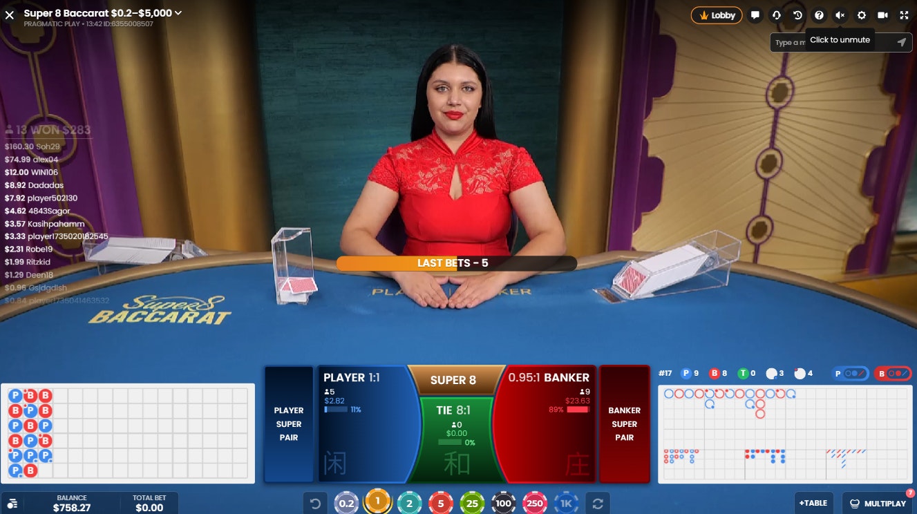 Super 8 Baccarat dealer hosting live game with bet interface and leaderboard display. Super 8 Baccarat dealer hosting live game with bet interface and leaderboard display.