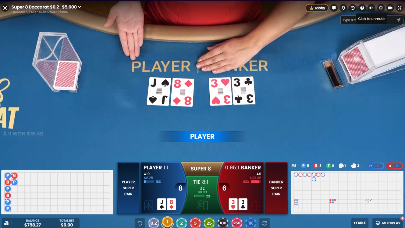 Super 8 Baccarat hand result showing Player win with J-8 over Banker's pair of 3s Super 8 Baccarat hand result showing Player win with J-8 over Banker's pair of 3s