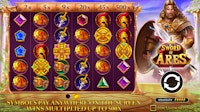 Sword of Ares slot intro screen showing multiplier ladder up to 500x.