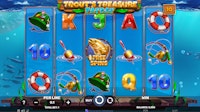 Trout’s Treasure Payday slot with Free Spins symbol on center reel underwater theme.