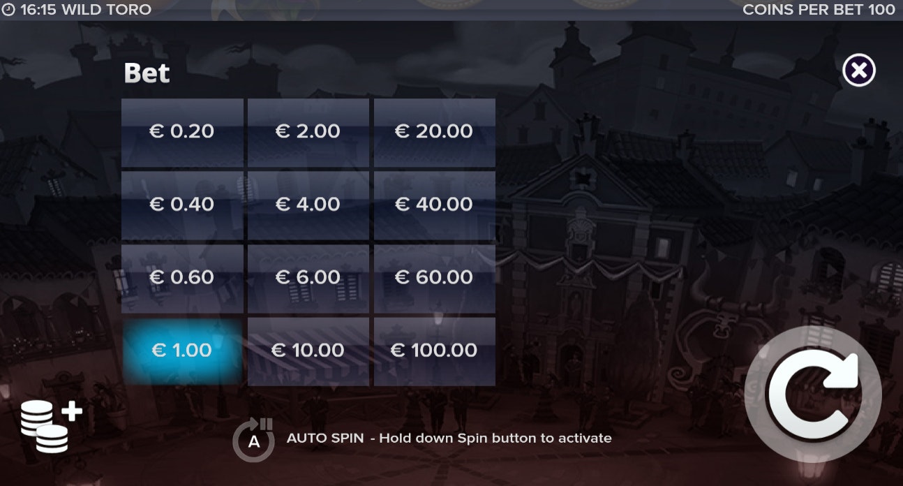 Wild Toro betting options menu with adjustable stake values. Wild Toro betting options menu with adjustable stake values.