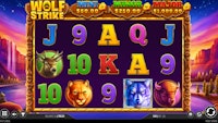 Wolf Strike online slot showing purple 9 and blue wolf on reel 4.