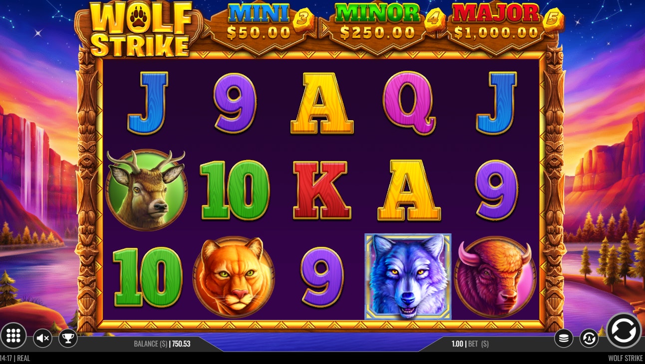 Wolf Strike online slot showing purple 9 and blue wolf on reel 4. Wolf Strike online slot showing purple 9 and blue wolf on reel 4.